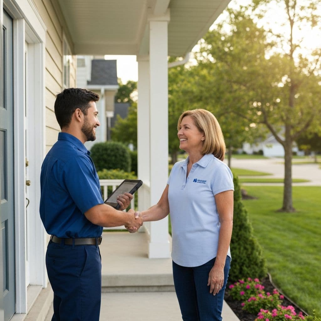 Happy homeowner greeting HVAC technician